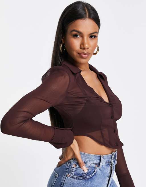 Chocolate Cropped Fitted Mesh Top