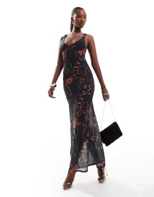 Asos Design Sheer Cup Detail Maxi Dress With Bodysuit In Dark Animal Print-multi