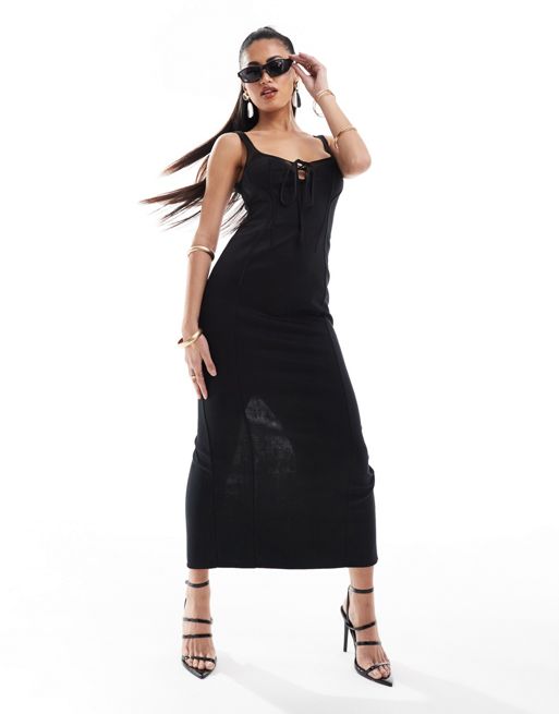 FhyzicsShops DESIGN sheer cup detail midi dress with lace up front in black