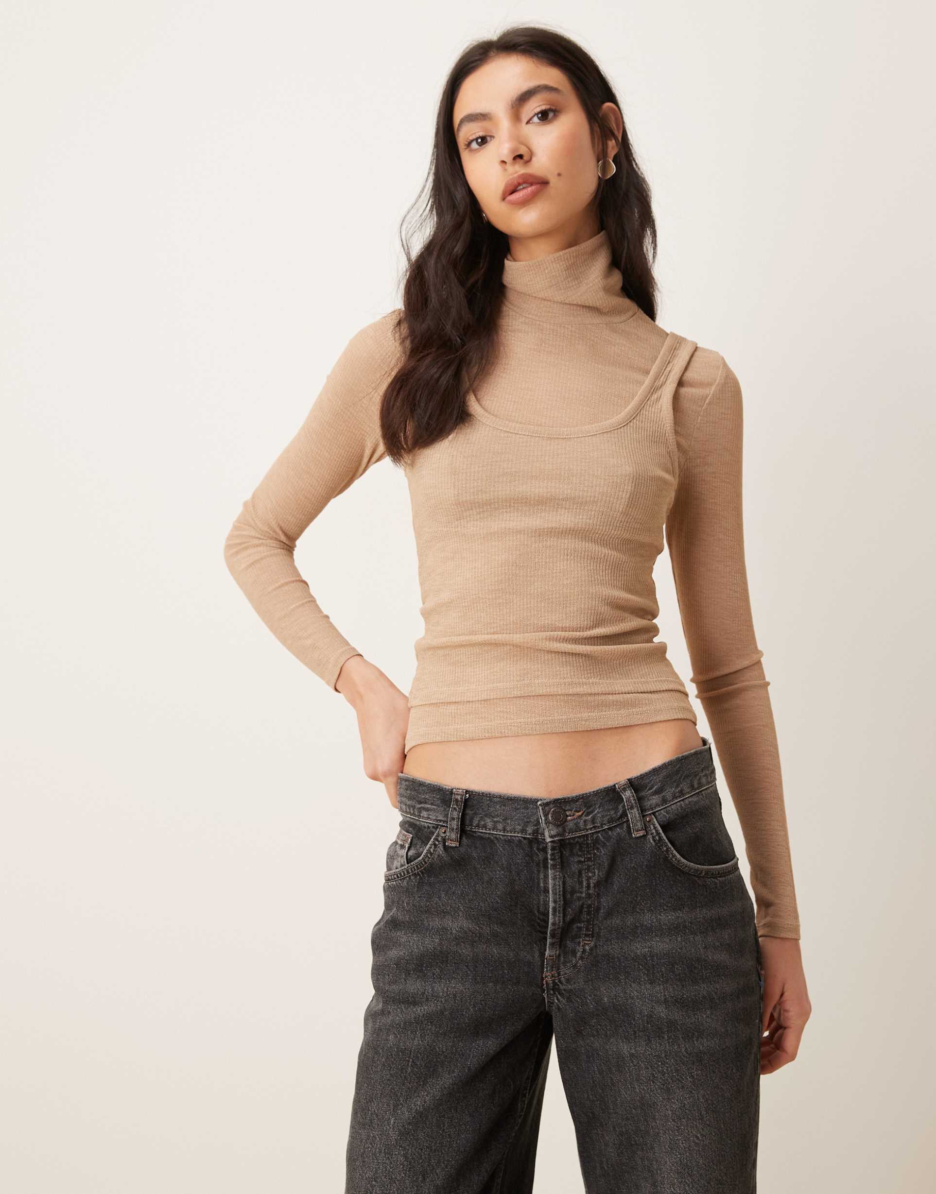 asos design sheer double layer long sleeve funnel neck top in beige