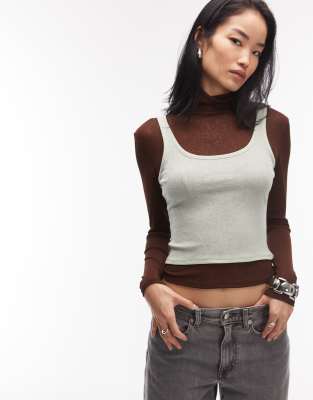 Asos Design Sheer Double Layer Long Sleeve Funnel Neck Top In Multi