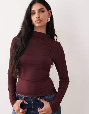 Asos Design Sheer Double Layer Long Sleeve Top In Red