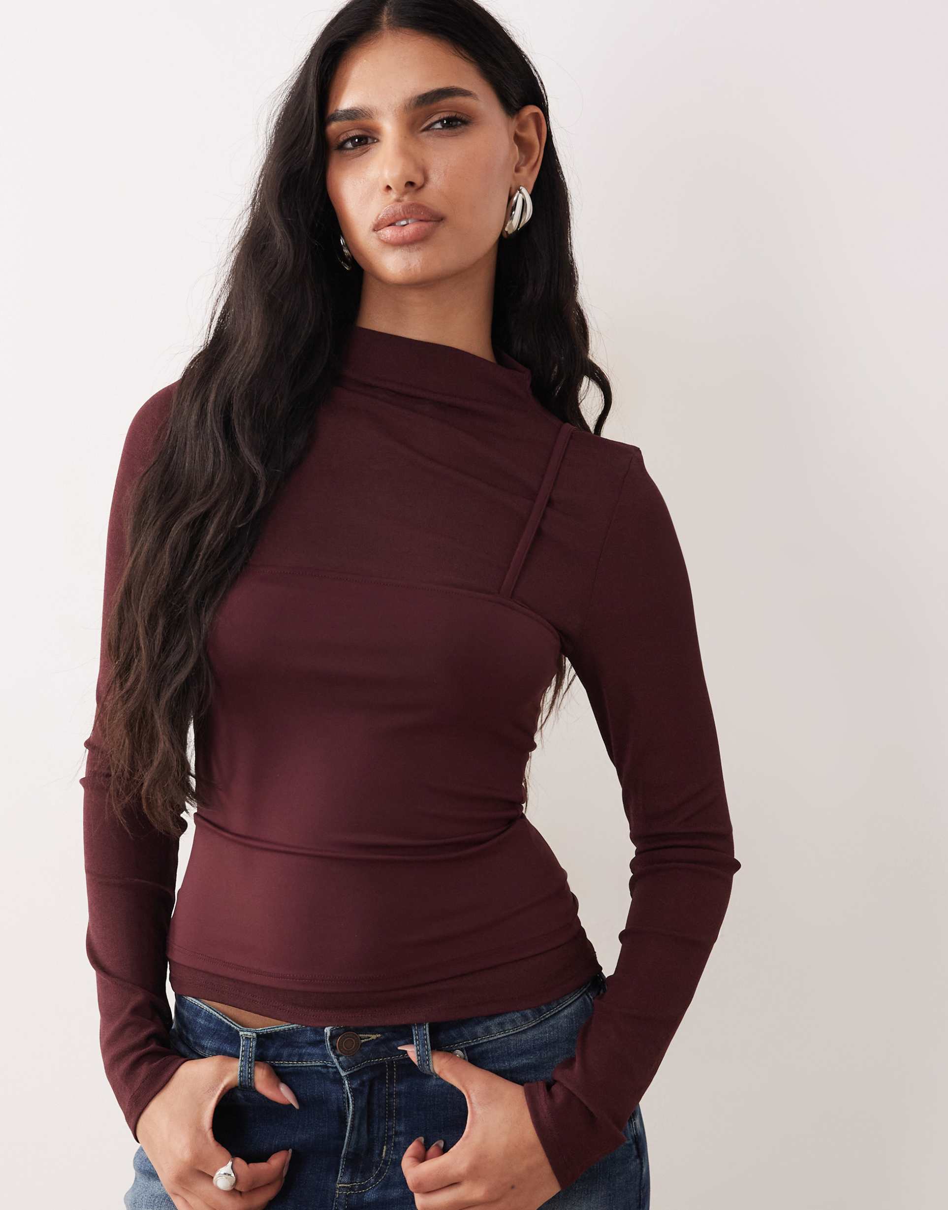 asos design sheer double layer long sleeve top in plum