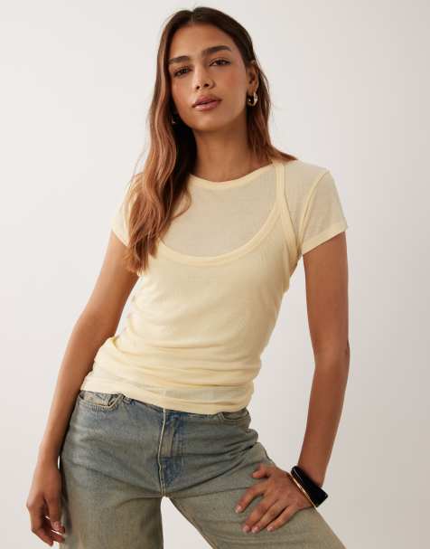 ASOS DESIGN sheer double layer short sleeve halter top in buttermilk yellow - view 1