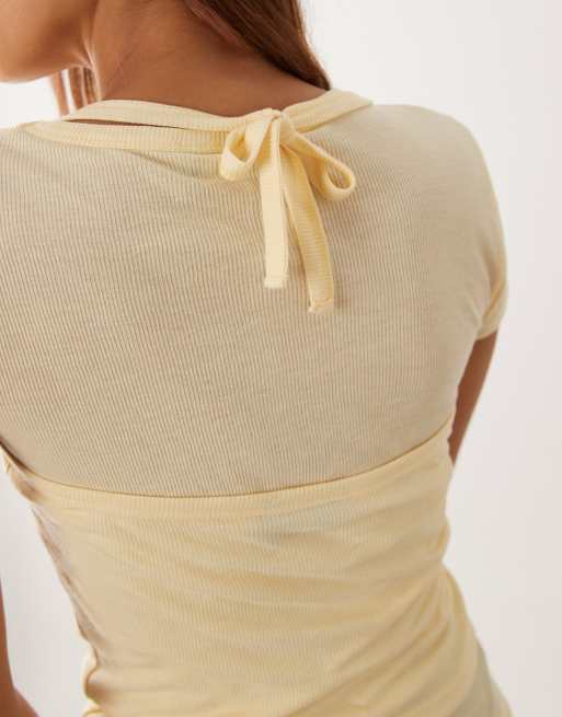ASOS DESIGN sheer double layer short sleeve halter top in buttermilk yellow, 2 of 4