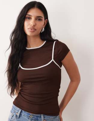 Asos Design Sheer Double Layer Top With Contrast Binding In Brown