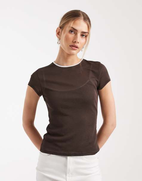 ASOS DESIGN sheer double layer top with contrast binding in chocolate - view 1