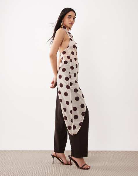 ASOS DESIGN sheer draped halter top with asymmetric hem in polka dot - view 1