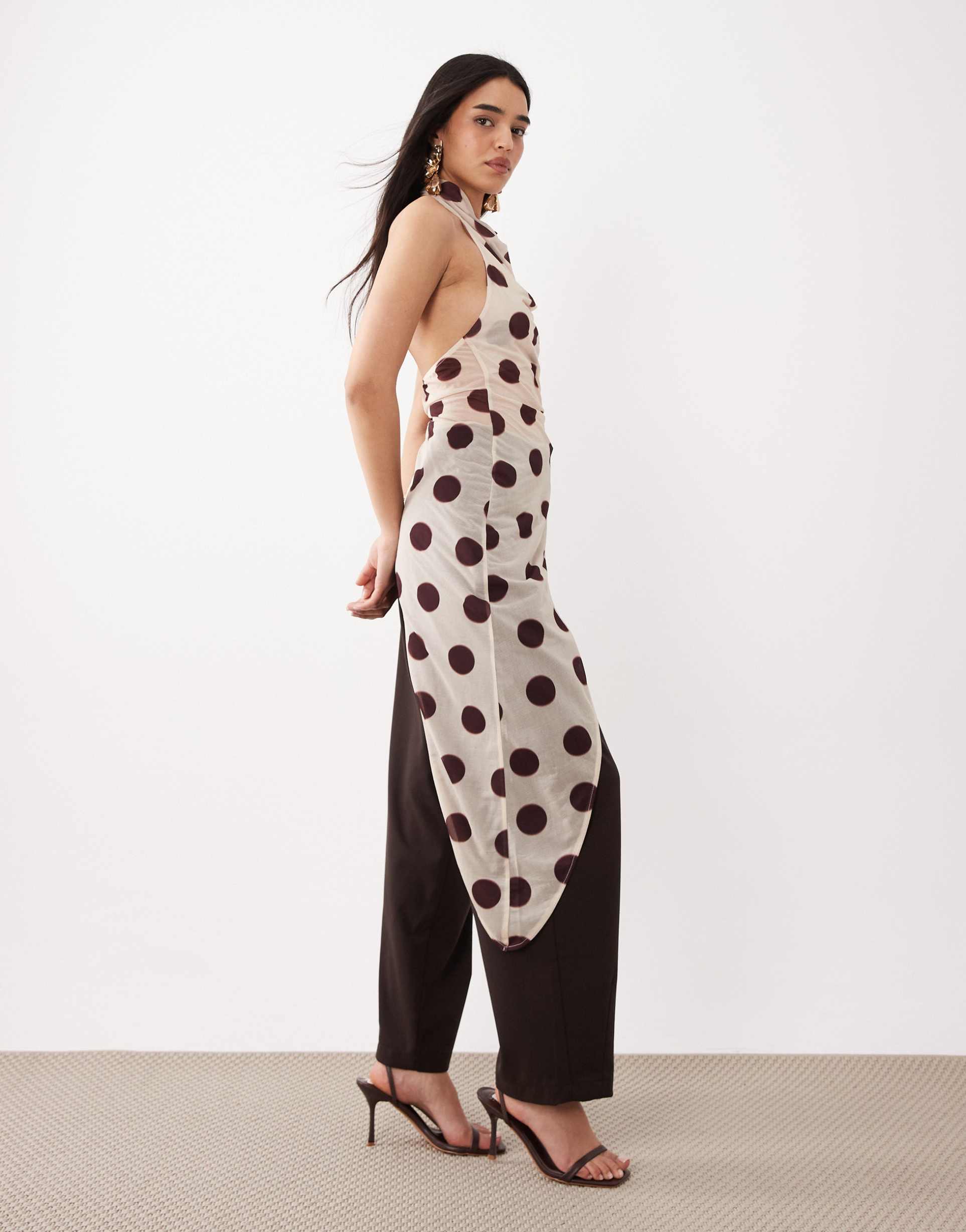 asos design sheer draped halter top with asymmetric hem in polka dots