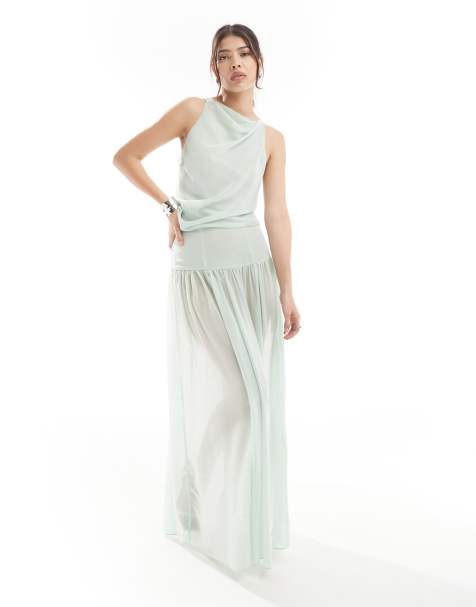 ASOS DESIGN sheer drapey chiffon maxi skirt & chiffon high neck top set in sage green - view 1