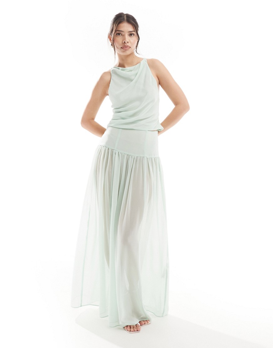 Asos Design Sheer Drapey Chiffon Maxi Skirt In Sage Green - Part Of A Set