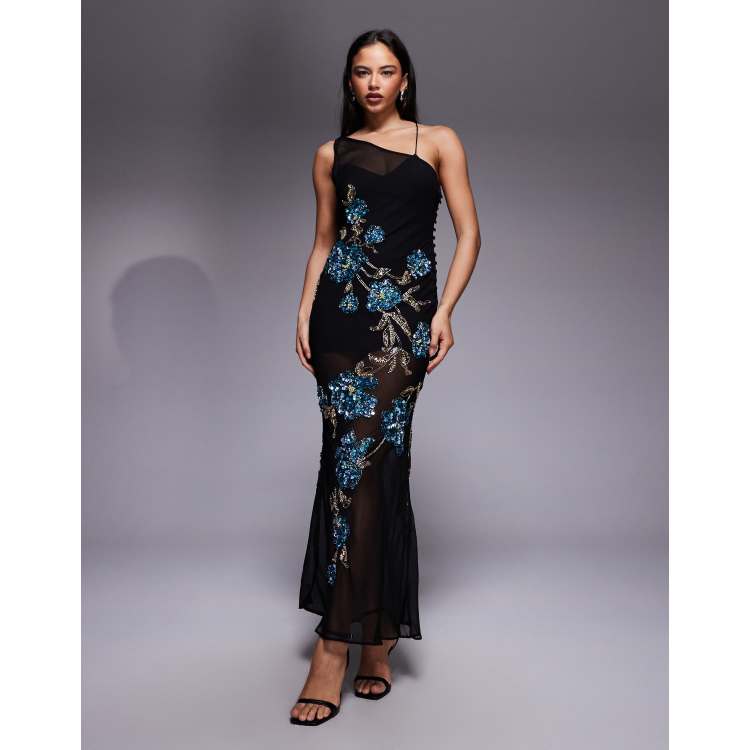 asos edition sheer mesh embellished dress ASOS DESIGN sheer embellished maxi dress with trailing floral motif in  black