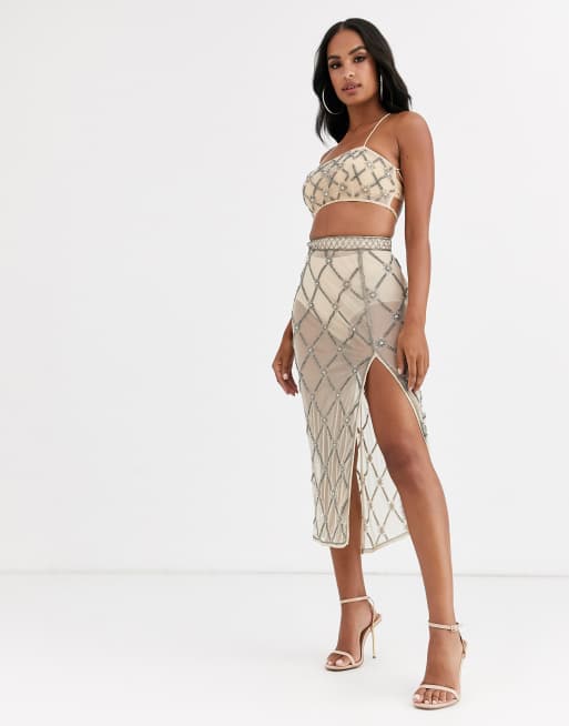 ASOS DESIGN sheer embellished midi skirt co ord