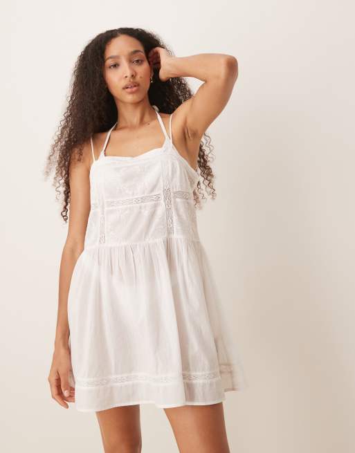 ASOS DESIGN sheer embroidered dropped waist mini beach dress in white