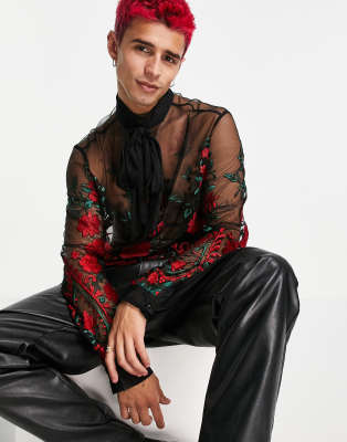Asos Design Sheer Embroidered Shirt With Pussybow Tie Neck-black In Black