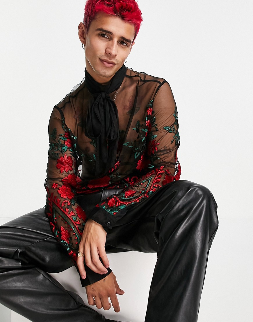 ASOS DESIGN sheer embroidered shirt with pussybow tie neck-Black