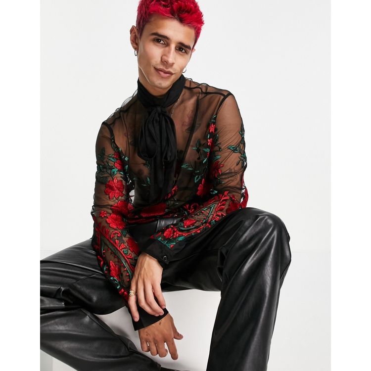 ASOS DESIGN sheer shirt with floral embroidery in black