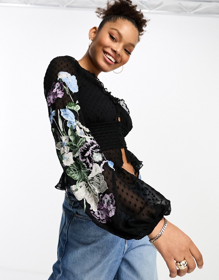 ASOS DESIGN sheer embroidered sleeve blouse in black