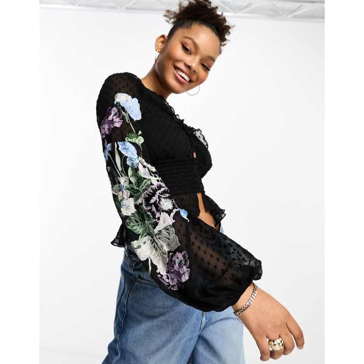 ASOS DESIGN sheer embroidered sleeve blouse in black | ASOS