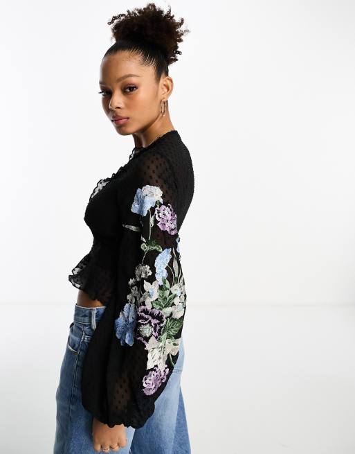 ASOS DESIGN sheer shirt with floral embroidery in black