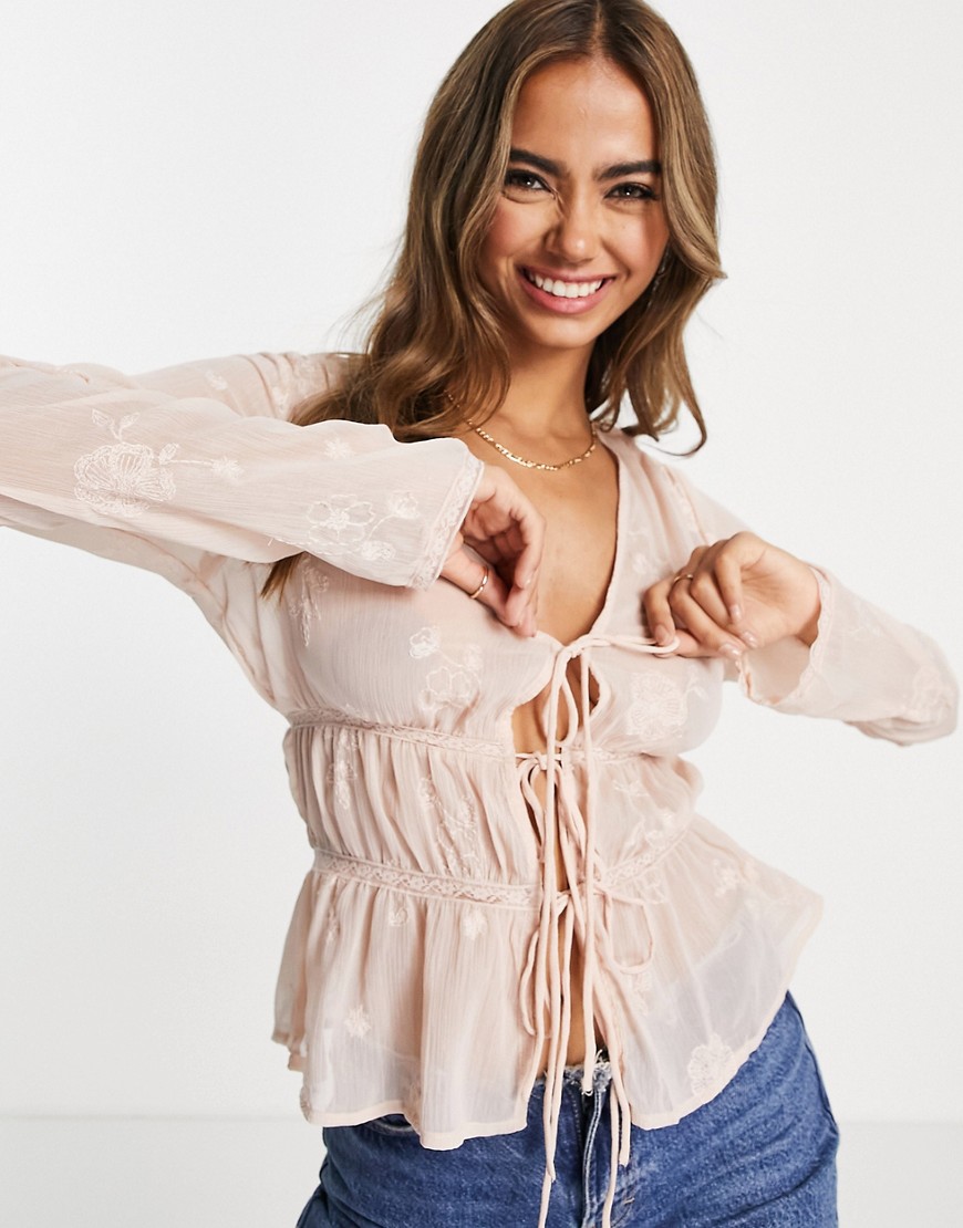 ASOS DESIGN sheer embroidered tie front blouse in antique pink