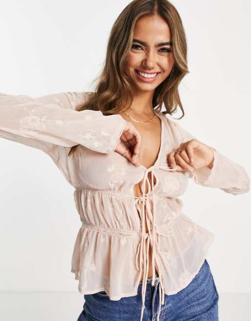 ASOS DESIGN tie front top in pink