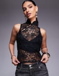 [ASOS DESIGN] ASOS DESIGN sheer fitted lace racer top with rouleau loop buttons detail in black XS Black