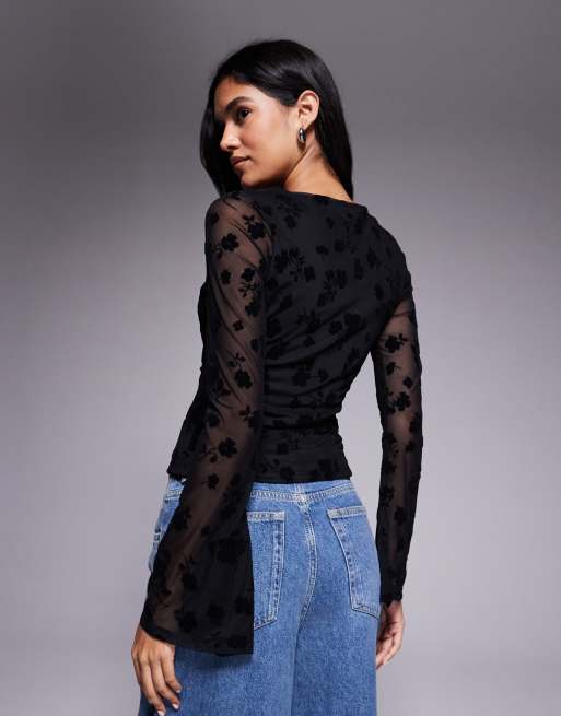 ASOS DESIGN sheer flock floral mesh top with flared sleeve in black, 4 of 4