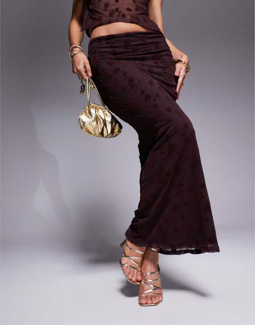 ASOS DESIGN sheer flocked floral maxi skirt in brown