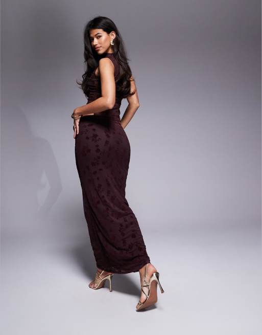 ASOS DESIGN sheer flocked floral maxi skirt in brown, 3 of 5