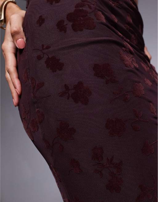 ASOS DESIGN sheer flocked floral maxi skirt in brown