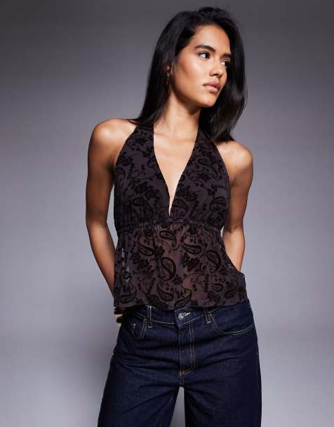 ASOS DESIGN sheer flocked floral mesh backless halter top in black - view 1