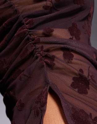 Asos Design Sheer Flocked High Neck Ruched Top