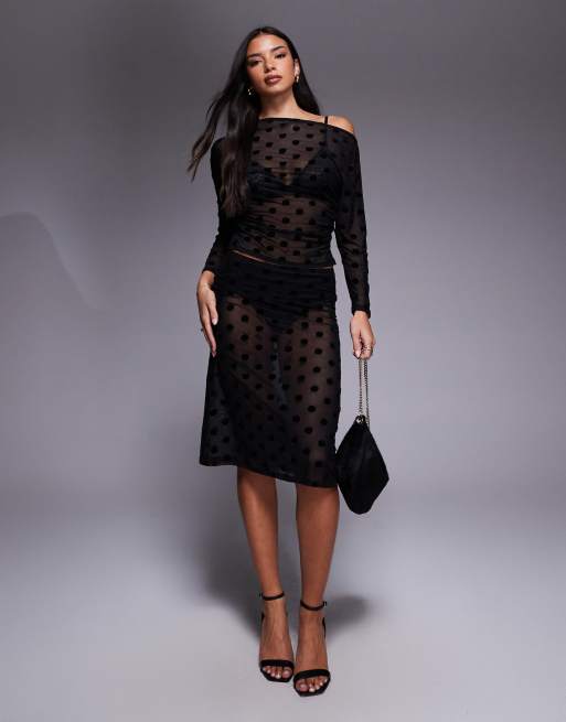 ASOS DESIGN sheer flocked mesh polka-dot off the shoulder top in black