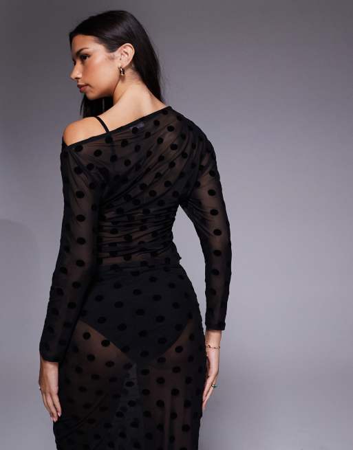 ASOS DESIGN sheer flocked mesh polka-dot off the shoulder top in black