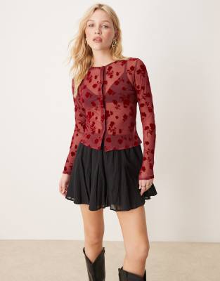Asos Design Sheer Floral Burnout Cardigan In Burgundy-red