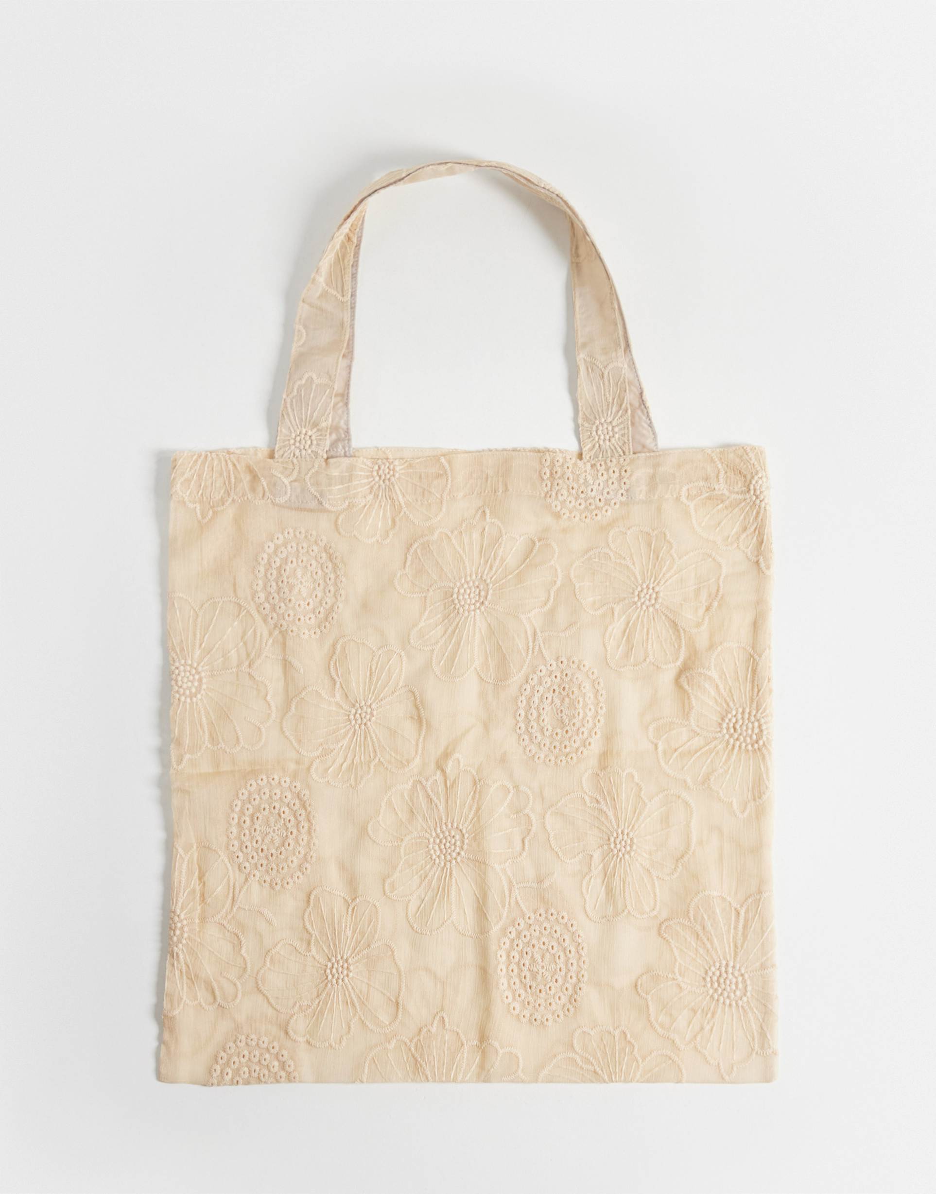 asos design sheer floral embroidered tote bag in stone
