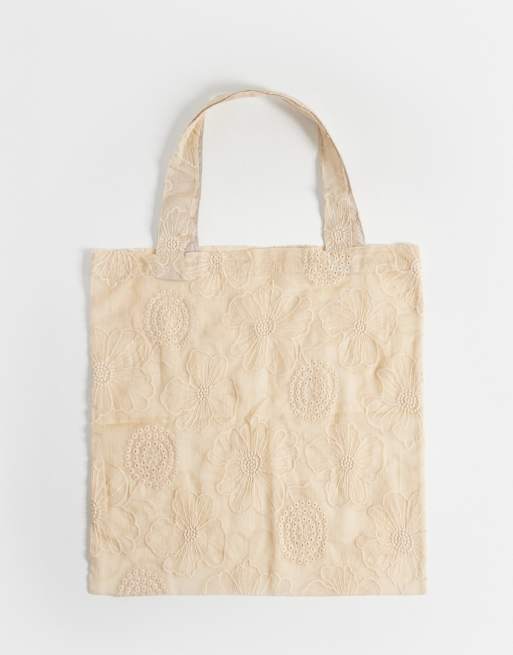 ASOS DESIGN sheer floral embroidered tote bag in stone, 4 of 4
