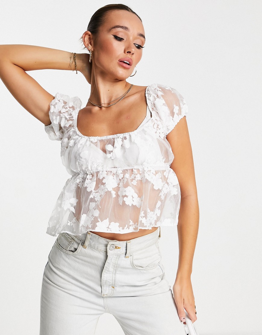 ASOS DESIGN sheer floral jacquard baby doll top in white