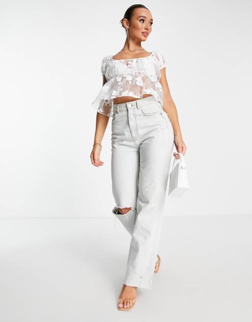 ASOS DESIGN sheer floral jacquard baby doll top in white