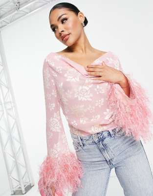 ASOS DESIGN sheer floral jacquard cowl neck top with faux feather trim sleeves in pink