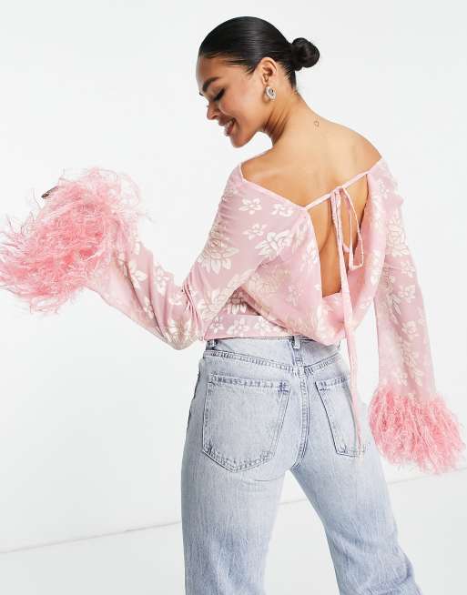 ASOS DESIGN long sleeve shirred neck sheer top in rose