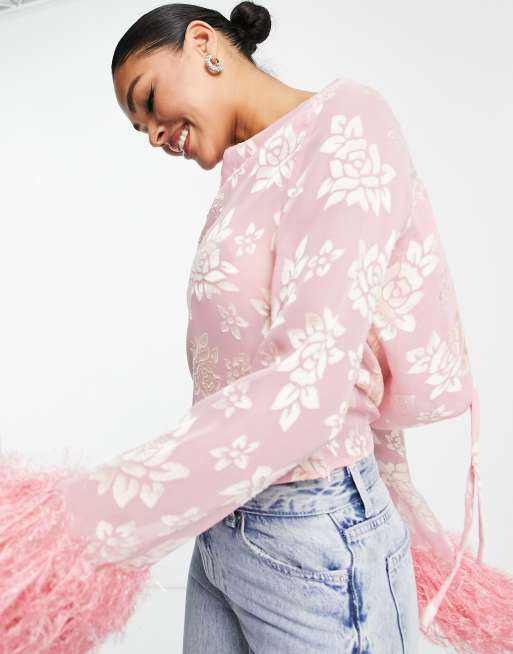 ASOS DESIGN sheer floral jacquard cowl neck top with faux feather trim  sleeves in pink | ASOS