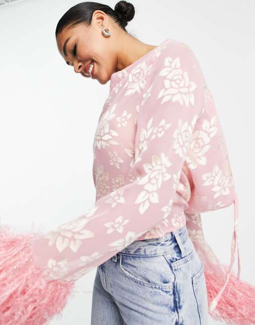 ASOS DESIGN long sleeve shirred neck sheer top in rose