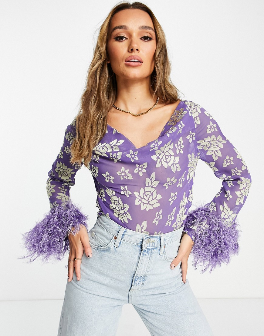 ASOS DESIGN sheer floral jacquard cowl neck top with faux feather trim sleeves in purple-Multi