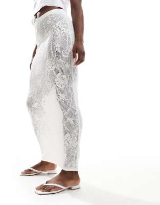 sheer floral lace knit maxi skirt in ivory-White