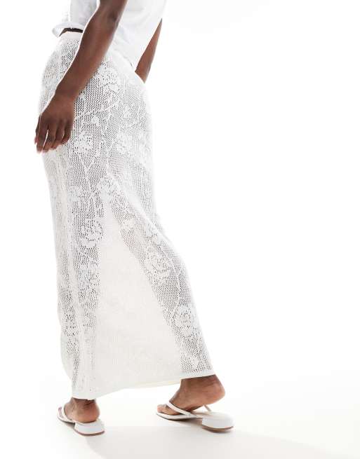 ASOS DESIGN sheer floral lace knit maxi skirt in ivory, 5 of 5