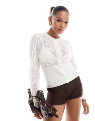 ASOS DESIGN sheer floral lace knit puff sleeve cardigan in ivory-White