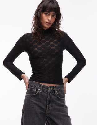 Asos Design Sheer Floral Lace Long Sleeve Top In Black