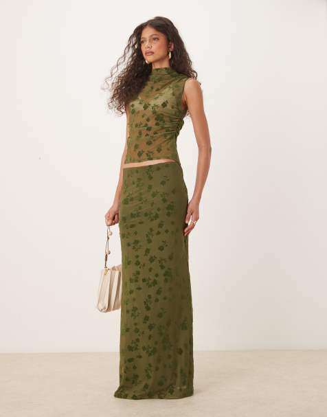 ASOS DESIGN sheer floral ruched high neck flock sleeveless top and maxi skirt co ord in olive - view 1